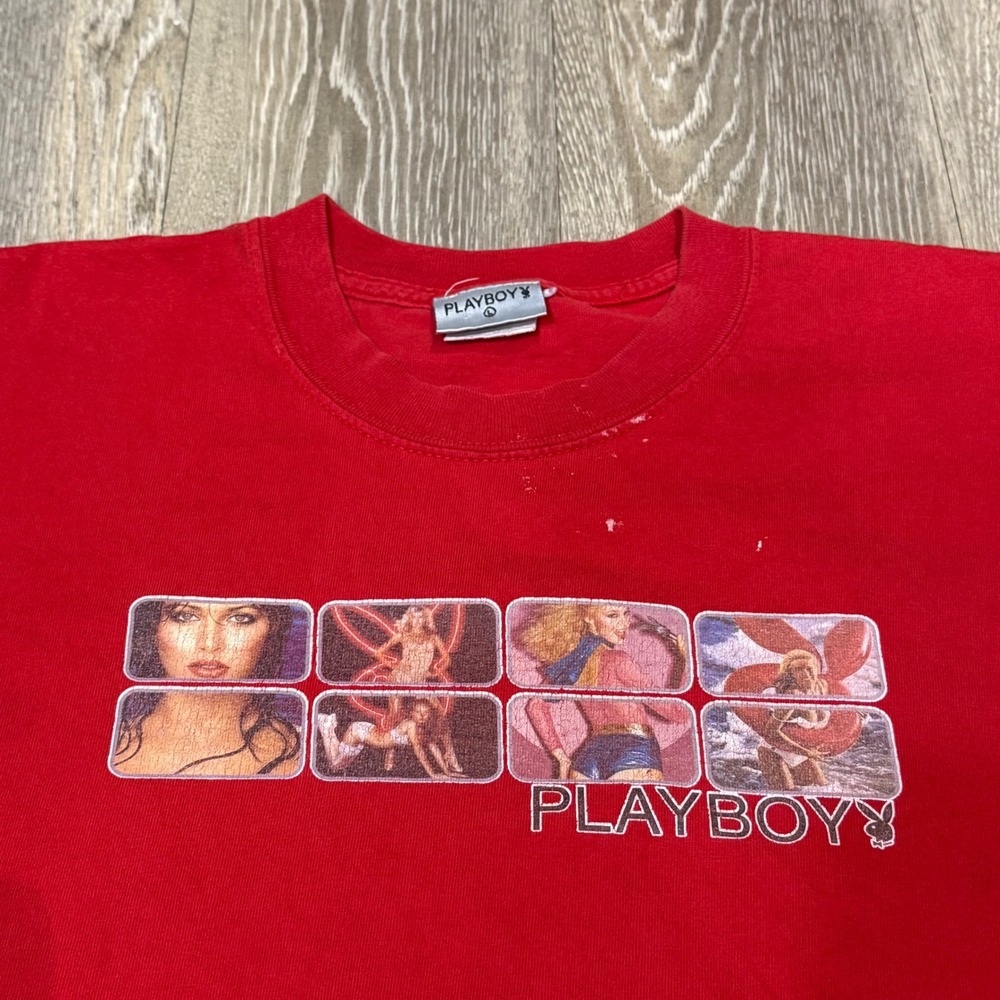 Vintage‎ 90s Playboy Bunny Models Tee Red Medium Cropped USA Made